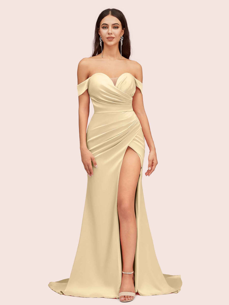 Cetims Sexy Side Split Off Shoulder Long Soft Satin Mermaid Bridesmaid Dresses Champagne