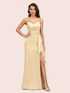 Sexy Spaghetti Straps V-neck Long Mermaid Satin Bridesmaid Dresses With Slit