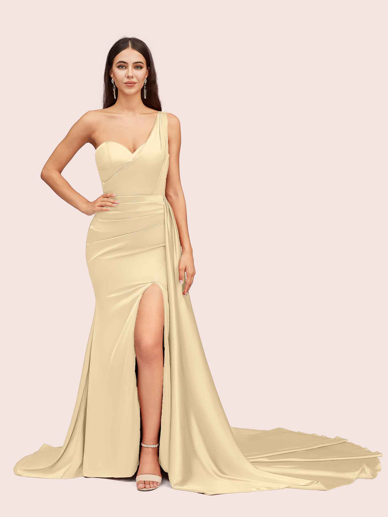 Cetims Elegant Unique Mermaid One Shoulder Plus Size Satin Bridesmaid Dress Perfect for Wedding Parties and Guests Gold