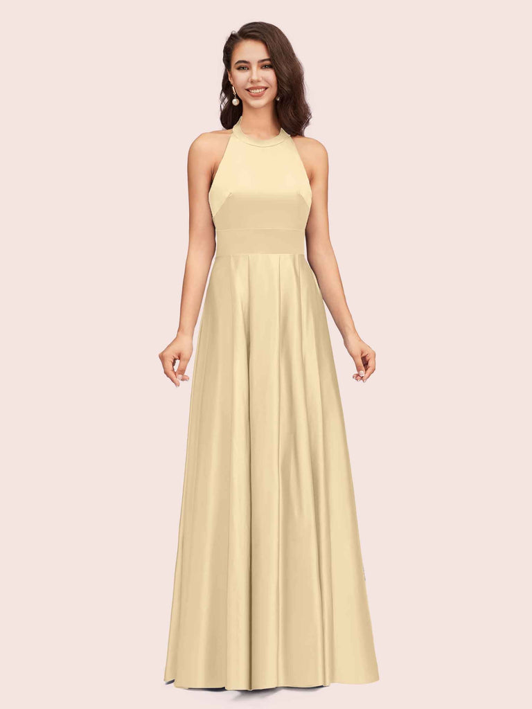 Sexy Backless Halter Simple Long Satin Graduation Prom Dresses With Bow Sexy Backless Halter Simple Long Satin Graduation Prom Dresses With Bow