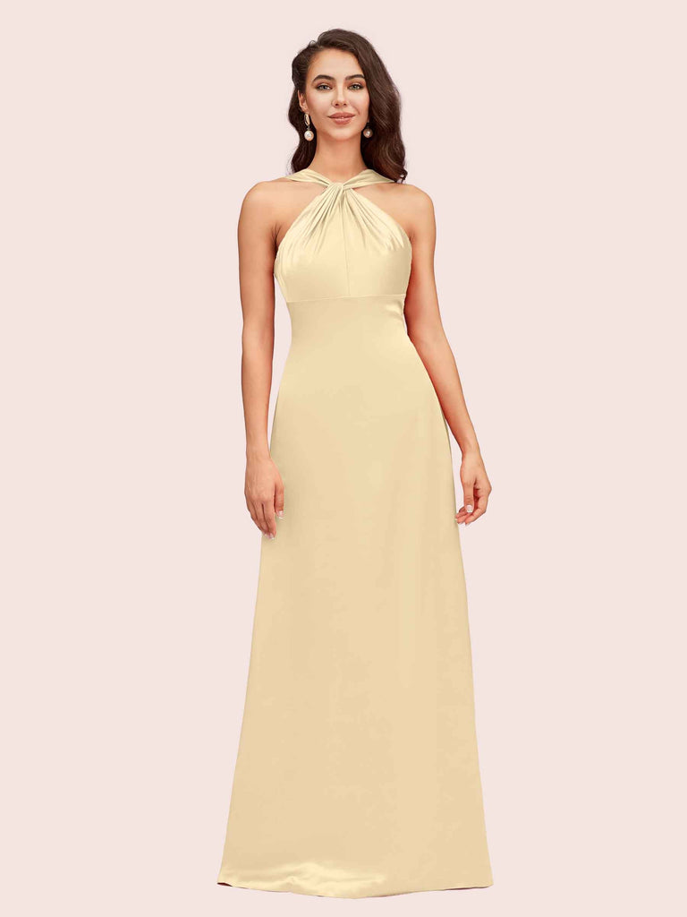Simple Halter Long Soft Satin Formal Prom Dresses For Women