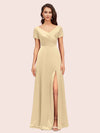 Elegant V-Neck Short Sleeves Long Soft Satin Bridesmaid Dresses With Slit