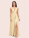 Sexy V-neck Long Side Slit Silk Satin Evening Prom Dresses Online
