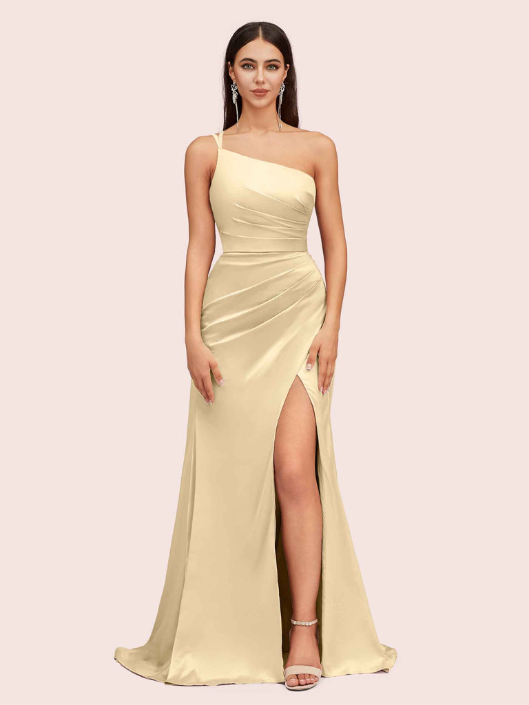 Soft Satin One Shoulder Side Slit Silky Long Mermaid Bridesmaid Dresses Online Soft Satin One Shoulder Side Slit Silky Long Mermaid Bridesmaid Dresses Online