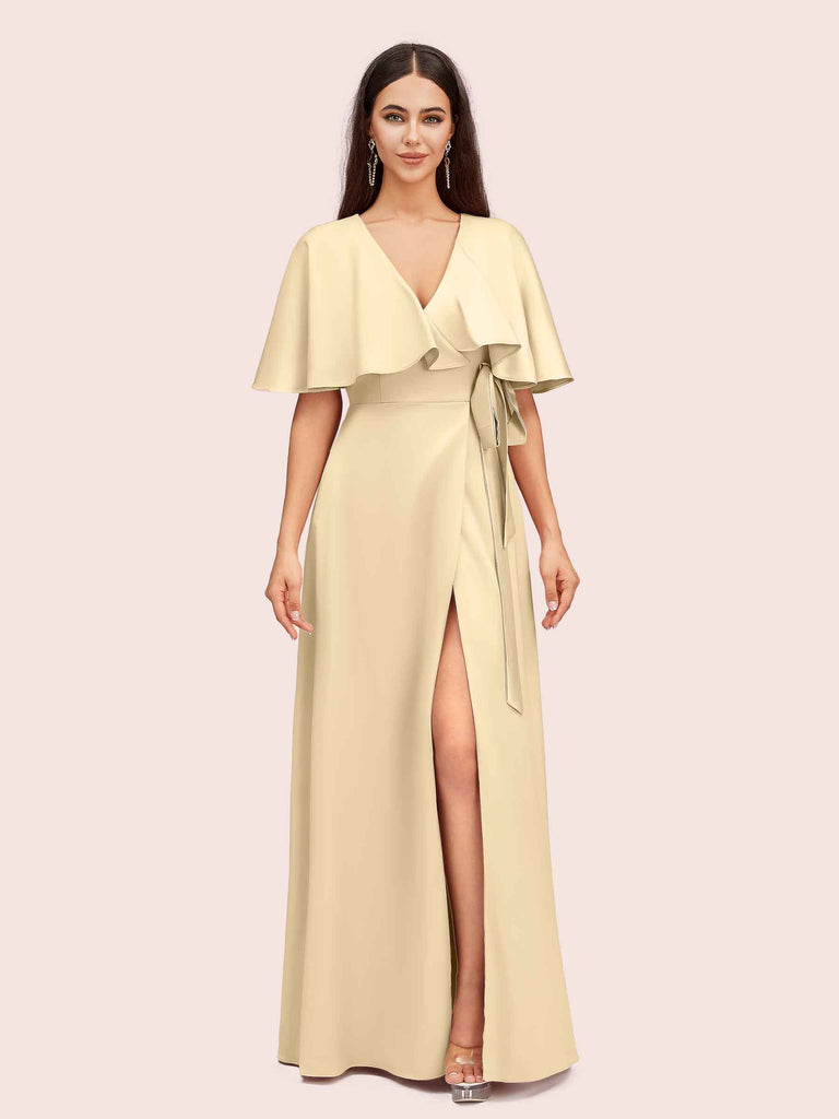 Elegant Bat Sleeves V-neck Side Slit Long Soft Satin Bridesmaid Dresses Elegant Bat Sleeves V-neck Side Slit Long Soft Satin Bridesmaid Dresses