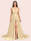 Elegant Spaghetti Straps V-neck Long Soft Satin Side Slit Bridesmaid Dresses