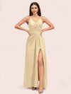Modern Spaghetti Straps V-neck Side Slit Long Satin Party Prom Dresses With Slit