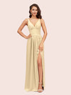 Sexy V Neck Long Soft Satin Side Slit Graduation Prom Dresses Online