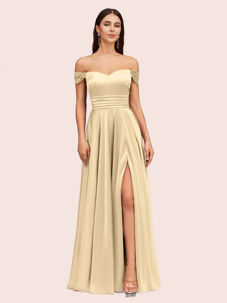 Sexy Off Shoulder Side Slit A-Line Long Soft Satin Bridesmaid Dresses Online