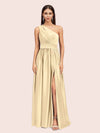 Unique One Shoulder Long Side Slit Soft Satin Graduation Prom Dresses 2023
