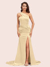 Sexy Mermaid One Shoulder Long Soft Satin Side Slit Formal Prom Dresses Online