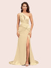 Sexy Side Slit Mermaid One Shoulder Long Soft Satin Evening Prom Dresses Online
