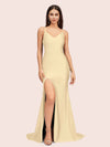 Simple Mermaid Spaghetti Straps Side Slit Long Soft Satin Formal Prom Dresses 2023