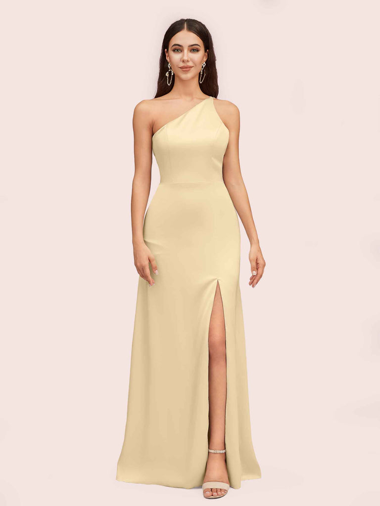 Simple Silky Satin One Shoulder Long Side Slit Bridesmaid Dresses Online Simple Silky Satin One Shoulder Long Side Slit Bridesmaid Dresses Online