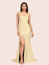 Sexy Mermaid Spaghetti Straps Side Slit Long Soft Satin Bridesmaid Dresses