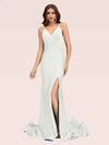 Sexy Backless Spaghetti Straps V-neck Side Slit Stretchy Jersey Long Mermaid Prom Dresses