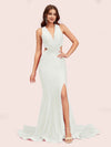 Sexy Mermaid Side Slit Deep V-neck Stretchy Jersey Long Party Prom Dresses Online
