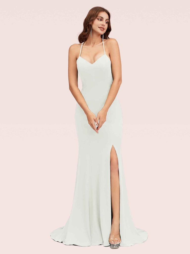 Sexy Halter Criss Cross Back Stretchy Jersey Long Mermaid Bridesmaid Dresses With Slit Sexy Halter Criss Cross Back Stretchy Jersey Long Mermaid Bridesmaid Dresses With Slit