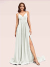 Sexy Side Slit Spaghetti Straps V-neck Jersey Long Bridesmaid Dresses Online