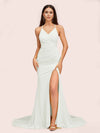 Sexy Spaghetti Straps Sleeveless Mermaid Jersey Long Formal Prom Dresses With Slit