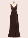 Elegant V-neck Floor Length Long Soft Satin Bridesmaid Dresses With Slit