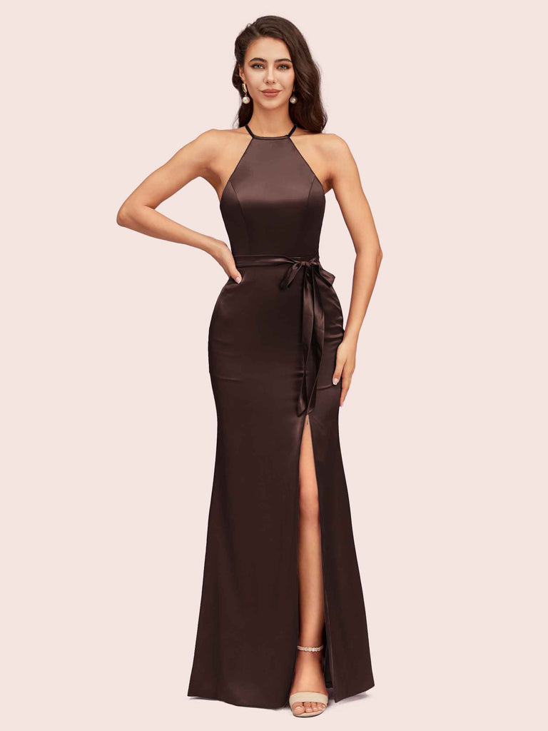 Simple Open Back Mermaid Halter Side Slit Long Soft Satin Bridesmaid Dresses Online Simple Open Back Mermaid Halter Side Slit Long Soft Satin Bridesmaid Dresses Online