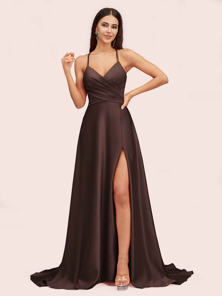 Elegant A-line Spaghetti Straps Long Soft Satin Party Prom Dresses With Slit Elegant A-line Spaghetti Straps Long Soft Satin Party Prom Dresses With Slit