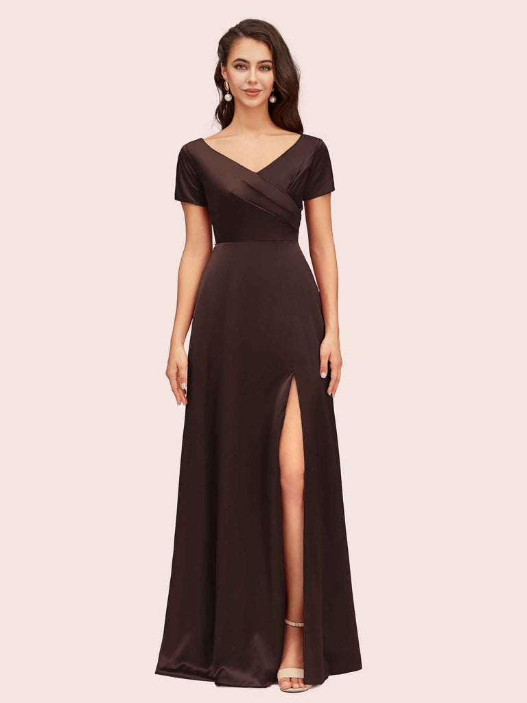 Elegant V-Neck Short Sleeves Long Soft Satin Bridesmaid Dresses With Slit Elegant V-Neck Short Sleeves Long Soft Satin Bridesmaid Dresses With Slit