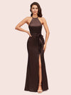 Sexy Mermaid Halter Long Silky Satin Party Prom Dresses With Slit