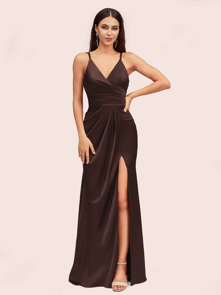 Sexy Spaghetti Straps V-neck Long Silky Soft Satin Formal Prom Dresses With Slit Sexy Spaghetti Straps V-neck Long Silky Soft Satin Formal Prom Dresses With Slit