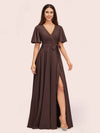 Elegant V-neck Short Sleeves Long Soft Satin Party Prom Dresses With Slit