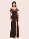 Sexy Cold Shoulder V-Neck Side Slit Mermaid Long Soft Satin Evening Prom Dresses