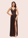 Sexy V Neck Long Soft Satin Side Slit Graduation Prom Dresses Online