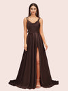 Elegant A-line Spaghetti Straps Long Soft Satin Bridesmaid Dresses With Slit Online