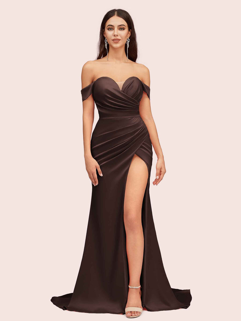 Sexy Side Slit Off Shoulder Long Silky Satin Mermaid Formal Prom Dresses Online Sexy Side Slit Off Shoulder Long Silky Satin Mermaid Formal Prom Dresses Online