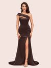 Sexy Mermaid One Shoulder Long Soft Satin Evening Prom Dresses With Slit