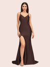 Simple Mermaid Spaghetti Straps Side Slit Long Soft Satin Formal Prom Dresses 2023
