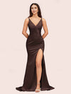 Sexy Mermaid V-neck Side Slit Long Soft Satin Graduation Prom Dresses Online