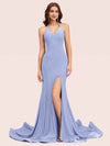 Sexy Halter V-neck Side Slit Stretchy Jersey Long Mermaid Bridesmaid Dresses
