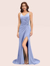Sexy Spaghetti Straps V-neck Side Slit Stretchy Jersey Long Mermaid Bridesmaid Dresses For Sale