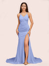 Sexy Spaghetti Straps Sleeveless Mermaid Jersey Long Formal Prom Dresses With Slit