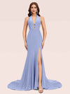 Sexy Halter Side Slit Open Back Stretchy Jersey Long Mermaid Bridesmaid Dresses Online