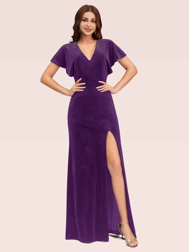 Sexy Bat Sleeves V-neck Long Stretch Velvet Bridesmaid Dresses With Slit Sexy Bat Sleeves V-neck Long Stretch Velvet Bridesmaid Dresses With Slit