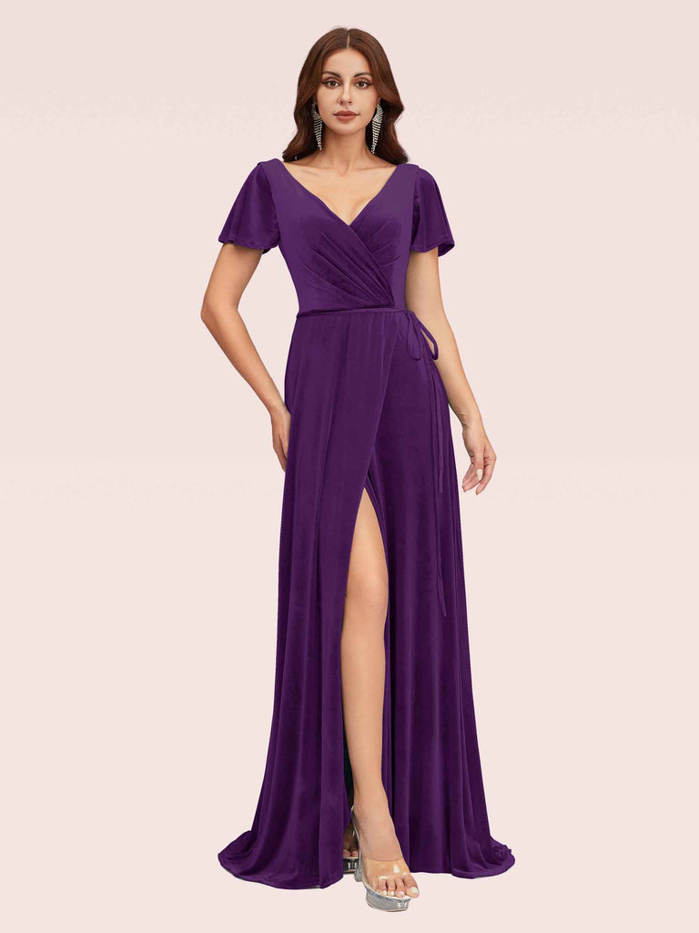 Elegant Velvet V-neck Side Slit Short Sleeves Long Bridesmaid Dresses Online