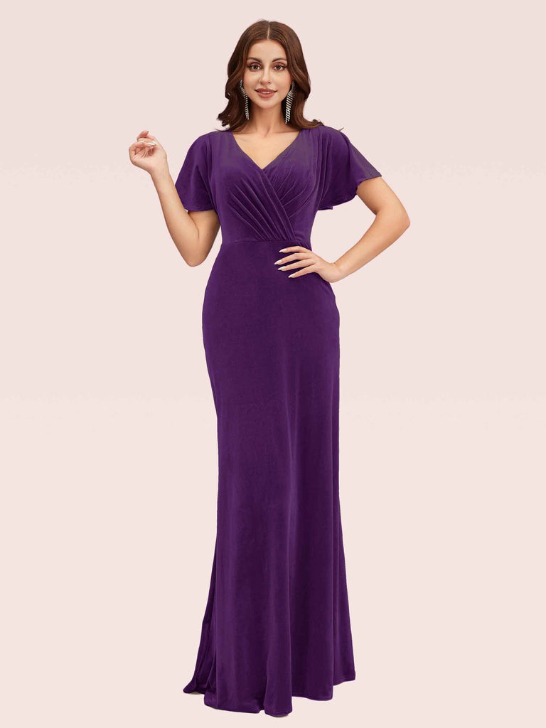 Sexy Short Sleeves Open Back Long Stretch Velvet Bridesmaid Dresses Online Sexy Short Sleeves Open Back Long Stretch Velvet Bridesmaid Dresses Online