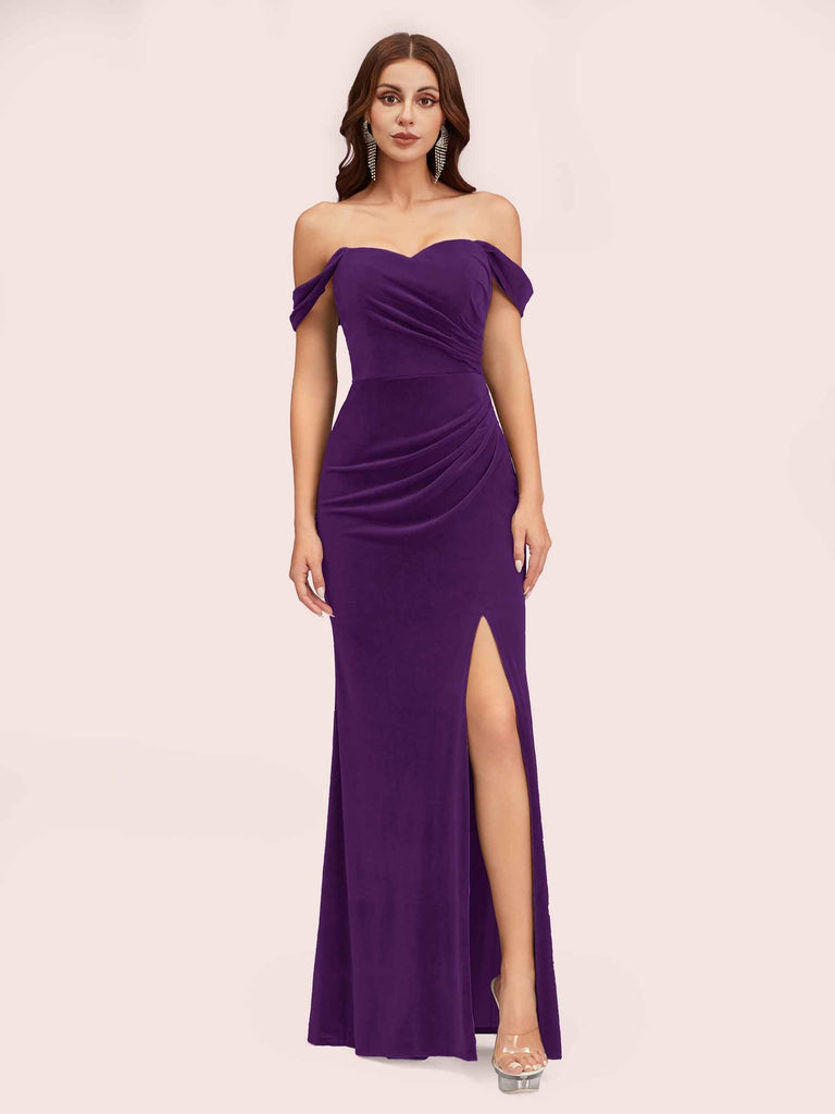 Sexy Velvet Off Shoulder Side Slit Mermaid Long Evening Prom Dresses Online