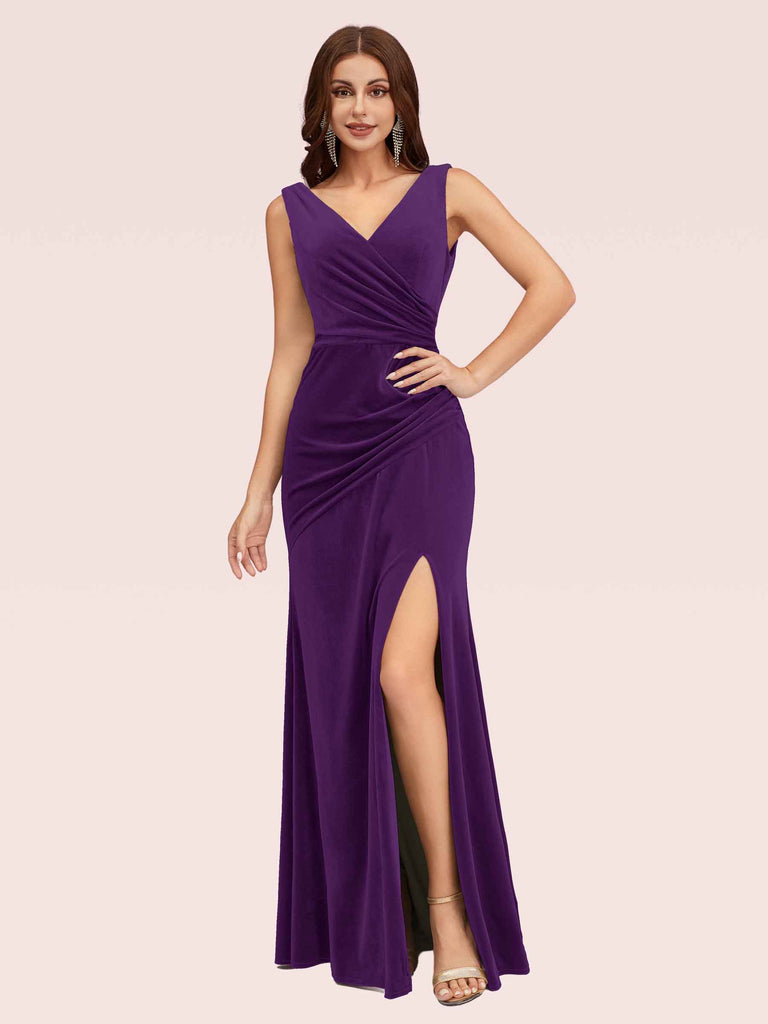 Cetims Elegant V Neck Side Split Long Velvet Bridesmaid Dress Purple