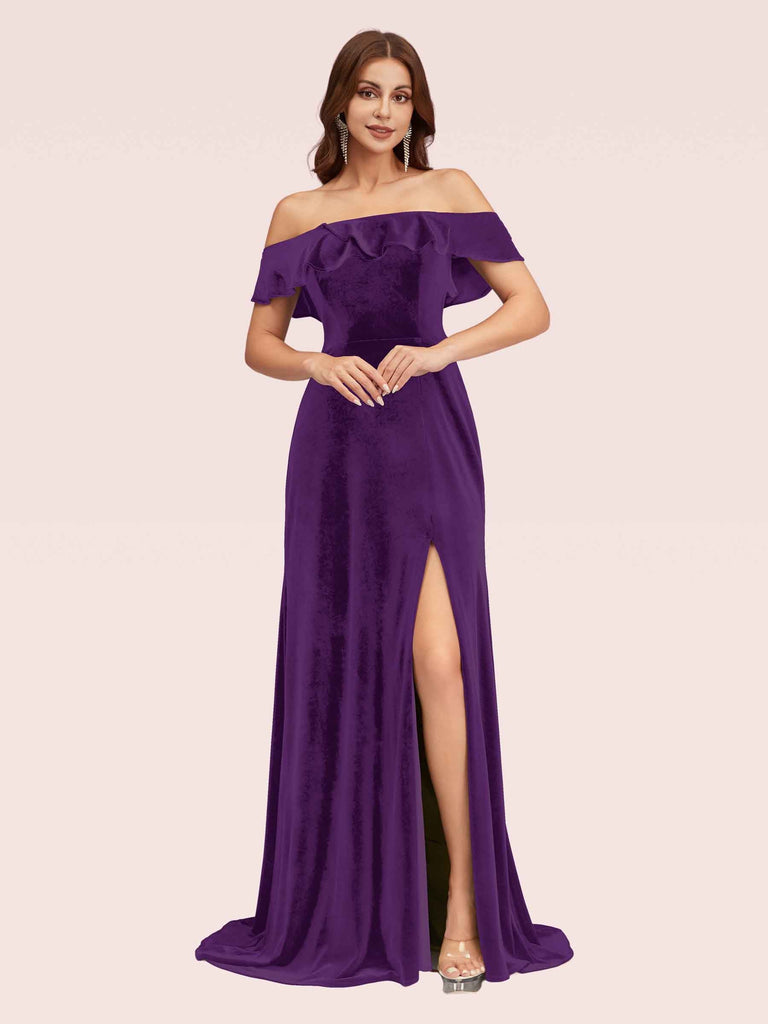 Elegant Off Shoulder Side Slit Long Velvet Bridesmaid Dresses Online For Sale Elegant Off Shoulder Side Slit Long Velvet Bridesmaid Dresses Online For Sale