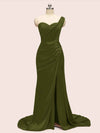 Sexy One Shoulder Long Soft Satin Mermaid Bridesmaid Dresses With Slit