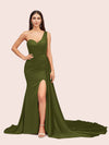 Sexy Mermaid One Shoulder Long Soft Satin Side Slit Bridesmaid Dresses
